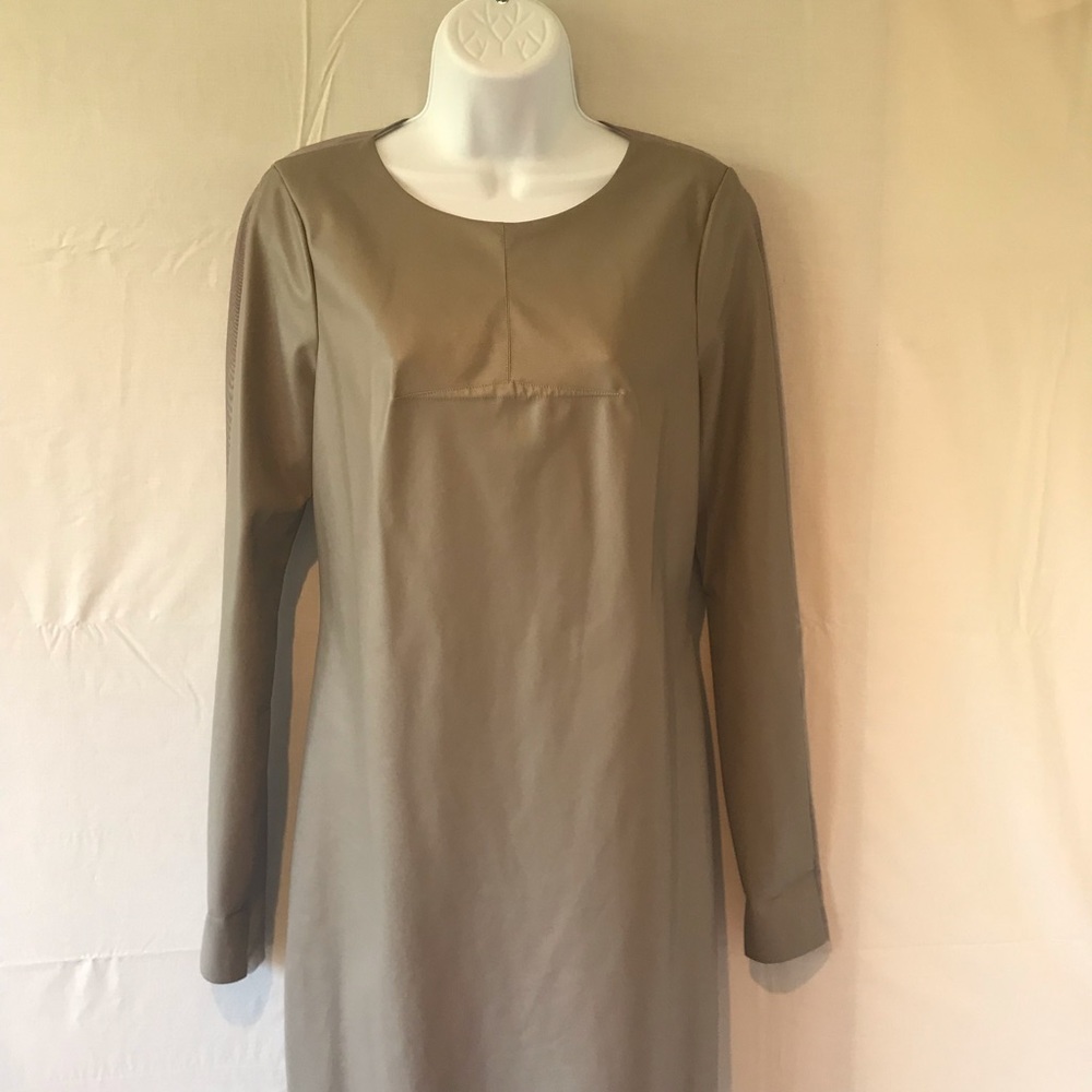 Tan Dress, leather (mock) front, sheer back
